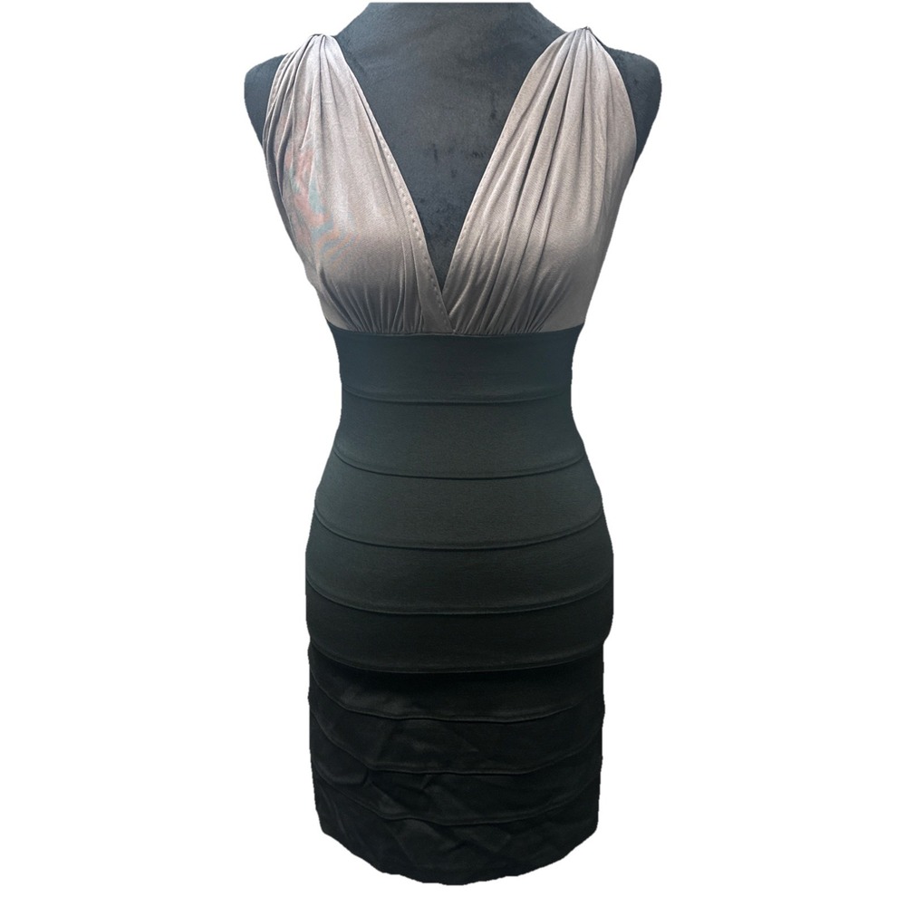 Maria Bianca‎ Nero Dress Women's Petite Small Bodycon V Neck Sleeveless Blk Silk